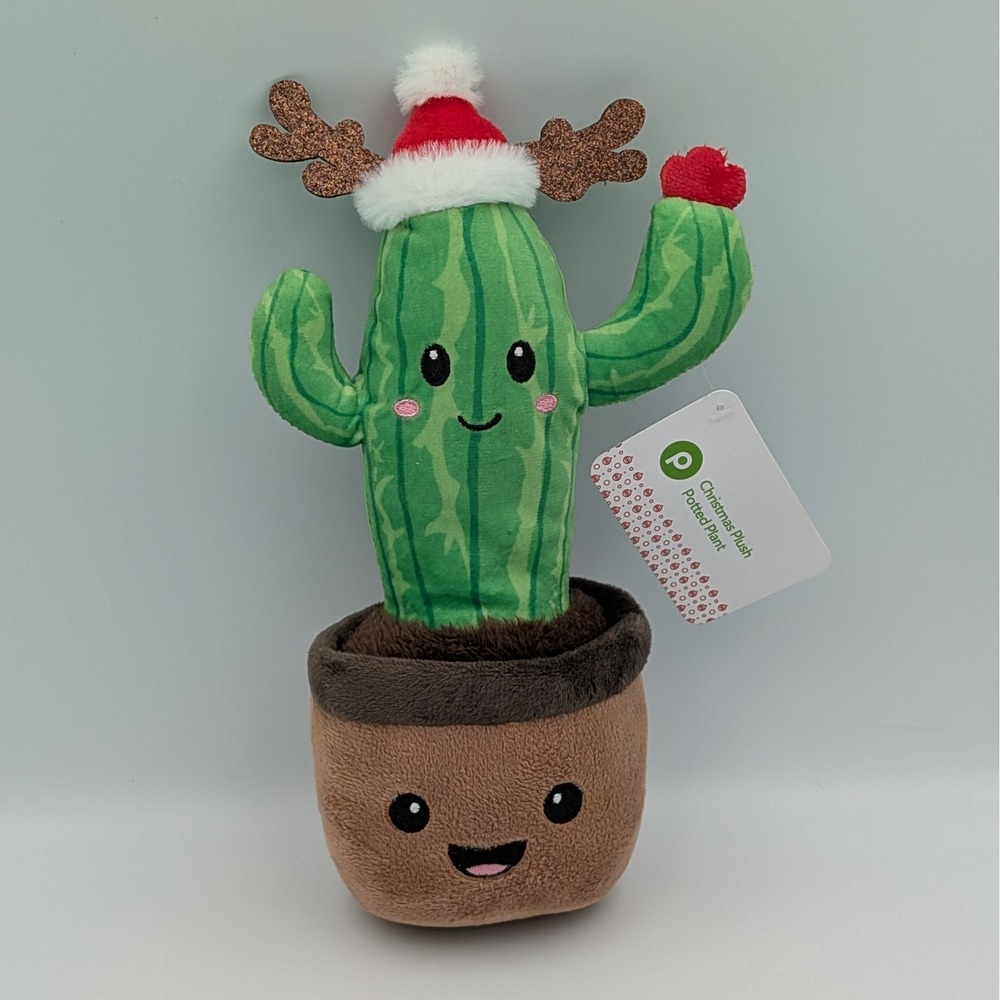 Publix Christmas Cactus Plush Potted Plant Reindeer Antlers Santa Hat Holiday